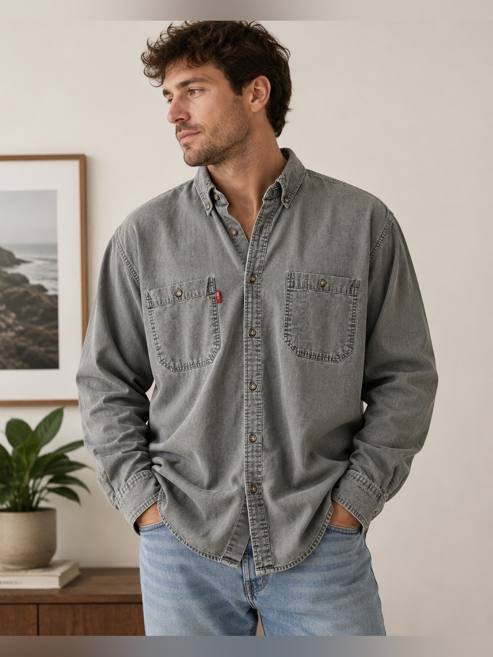 Vintage Bugle Boy Gray Button Down Shirt Men’s XL 100% Cotton Long Sleeve Grunge